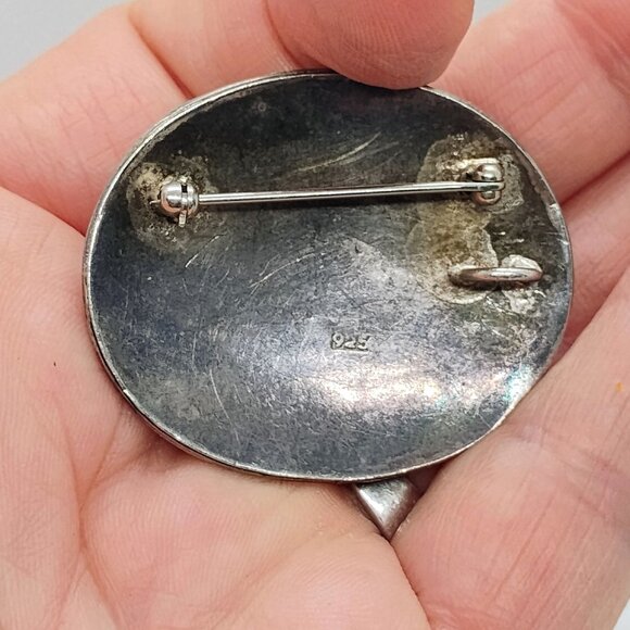 Vtg 925 Sterling Silver Leopard Jasper Brooch Pendant Picture Stone Red Brown - Picture 7 of 9